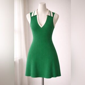 Lulu's Green V-Neck Sleeveless Polo Mini Dress with Cream Trim